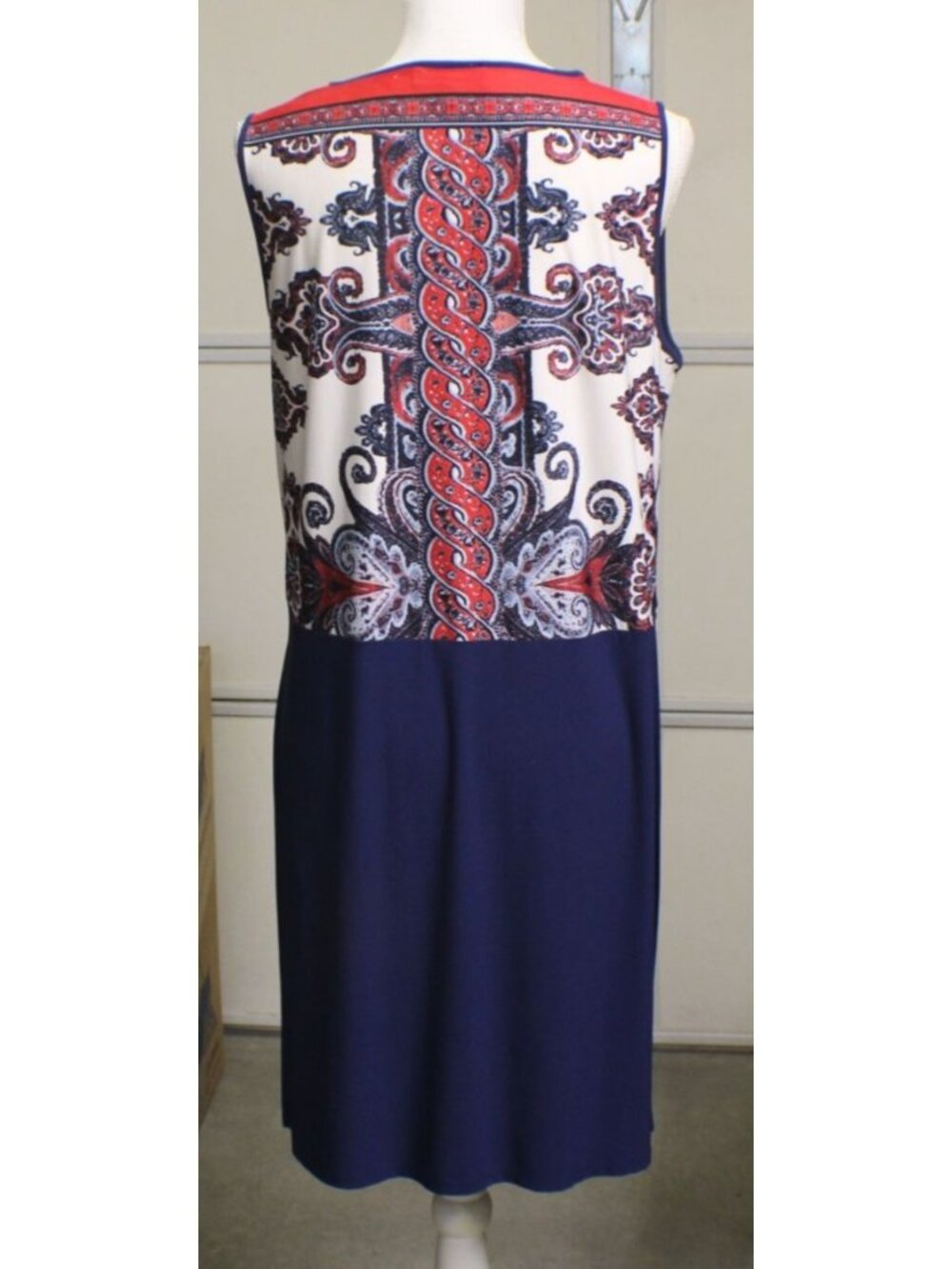 Melissa Paige Sz Large Red White Blue Paisley Sleeveless Dress Long Side Slits - Picture 3 of 12